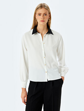 Düğmeli Kontrast Detaylı Klasik Yaka Uzun Kollu Gömlek