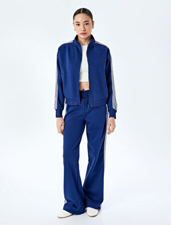 Fermuarlı Şerit Detaylı Dik Yaka Cepli Rahat Kalıp Sweatshirt