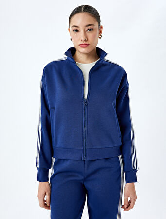 Fermuarlı Şerit Detaylı Dik Yaka Cepli Rahat Kalıp Sweatshirt