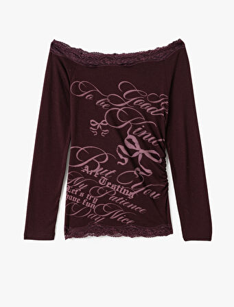 Asimetrik Yaka Uzun Kollu Omzu Açık Baskılı Dantelli Tişört