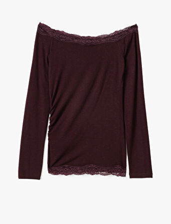 Asimetrik Yaka Uzun Kollu Omzu Açık Baskılı Dantelli Tişört