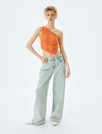 Tek Omuz Jakarlı Slim Fit Asimetrik Crop Üst