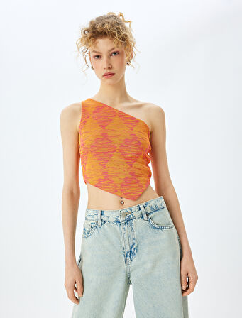 Tek Omuz Jakarlı Slim Fit Asimetrik Crop Üst