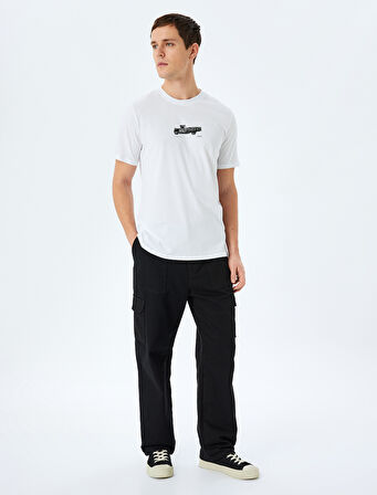 Kısa Kollu Pamuklu Bisiklet Yaka Baskılı Slim Fit Tişört