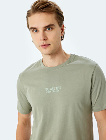 Slogan Baskılı Pamuklu Kısa Kollu Bisiklet Yaka Slim Fit Tişört