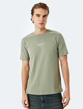Slogan Baskılı Pamuklu Kısa Kollu Bisiklet Yaka Slim Fit Tişört