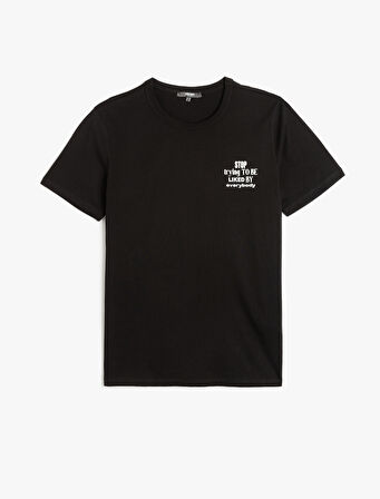 Slogan Baskılı Kısa Kollu Pamuklu Bisiklet Yaka Slim Fit Tişört