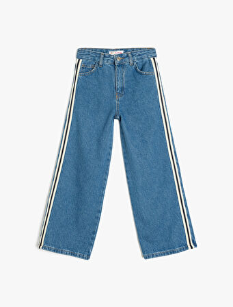 Şerit Detaylı Pamuklu Bol Paça Denim Pantolon