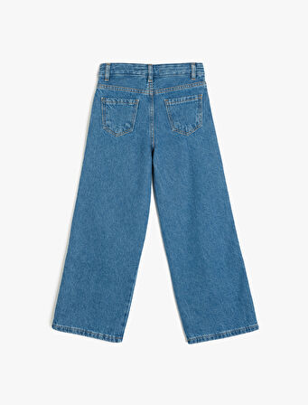Şerit Detaylı Pamuklu Bol Paça Denim Pantolon
