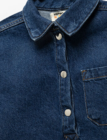 Pamuklu Cep Detaylı Oversize Denim Gömlek Yaka Elbise