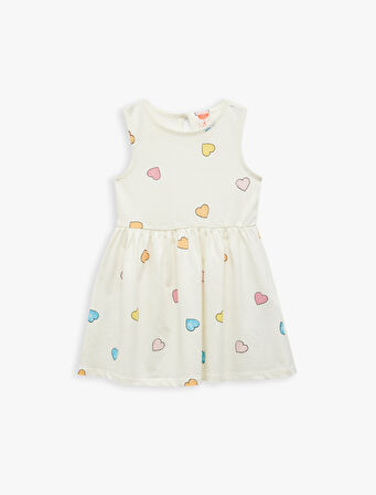 Kalp ve Çiçek Desenli Pamuklu Bisiklet Yaka 2'li Elbise Seti