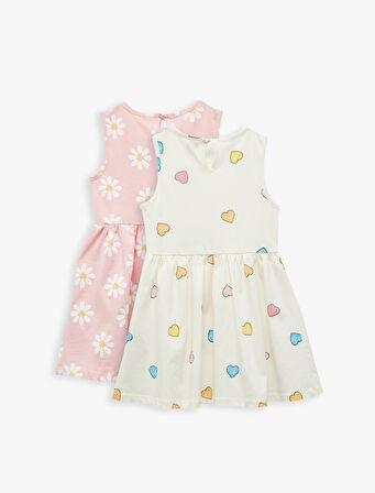 Kalp ve Çiçek Desenli Pamuklu Bisiklet Yaka 2'li Elbise Seti