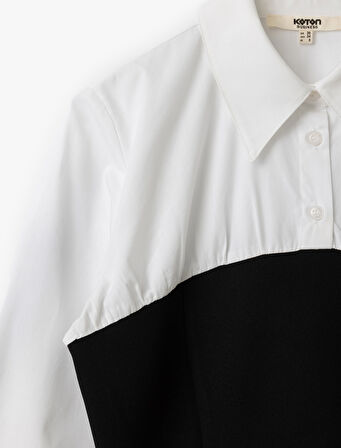 Pamuklu İki Farklı Kumaş Kullanımlı Slim Fit Uzun Kollu Gömlek Yaka Bluz