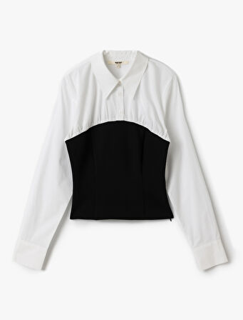 Pamuklu İki Farklı Kumaş Kullanımlı Slim Fit Uzun Kollu Gömlek Yaka Bluz