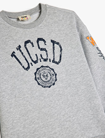 Kolej Baskılı Uzun Kollu Bisiklet Yaka Pamuklu Şardonlu Sweatshirt