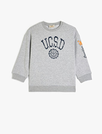 Kolej Baskılı Uzun Kollu Bisiklet Yaka Pamuklu Şardonlu Sweatshirt