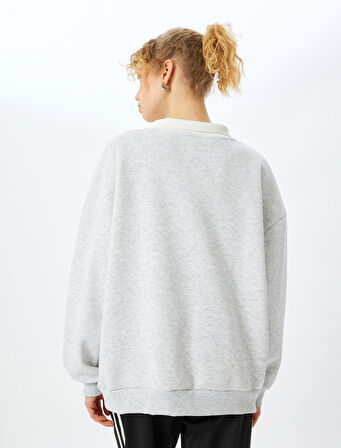 Şardonlu Oversize Kolej Baskılı Polo Yaka Sweatshirt