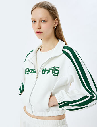 Şardonlu Fermuarlı Şerit Detaylı Slogan Baskılı Oversize Sweatshirt