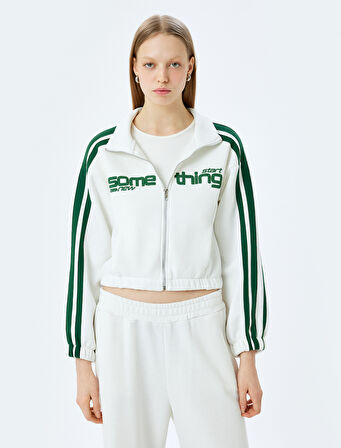 Şardonlu Fermuarlı Şerit Detaylı Slogan Baskılı Oversize Sweatshirt
