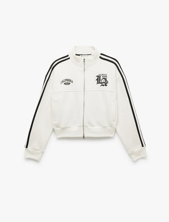 Fermuarlı Cepli Biyeli Kolej Baskılı Sweatshirt