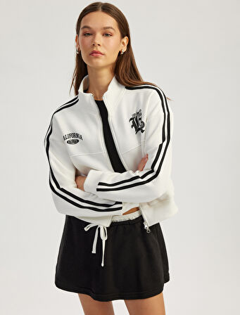 Fermuarlı Cepli Biyeli Kolej Baskılı Sweatshirt