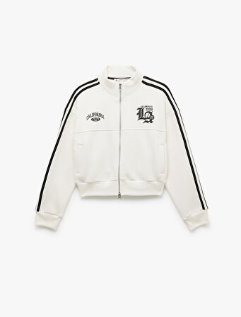 Fermuarlı Cepli Biyeli Kolej Baskılı Sweatshirt