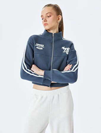 Fermuarlı Cepli Biyeli Kolej Baskılı Sweatshirt