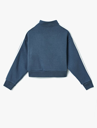 Fermuarlı Cepli Biyeli Kolej Baskılı Sweatshirt