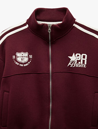 Fermuarlı Cepli Biyeli Kolej Baskılı Sweatshirt
