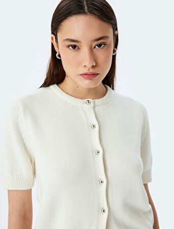 Bisiklet Yaka Düğmeli Kısa Kollu Triko Hırka