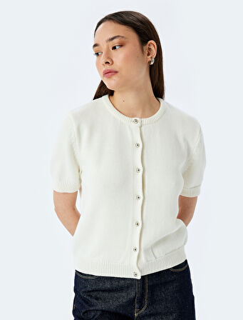 Bisiklet Yaka Düğmeli Kısa Kollu Triko Hırka