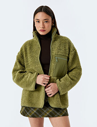 Dik Yaka Fermuarlı Cep Detaylı Peluş Oversize Sweatshirt