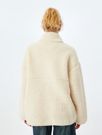 Oversize Fermuarlı Cep Detaylı Dik Yaka Peluş Sweatshirt