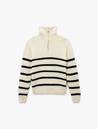 Yarım Fermuarlı Çizgili Kışlık Triko Kazak