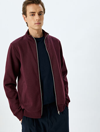 Fermuarlı Hırka Dik Yaka Basic Uzun Kollu Cep Detaylı Şardonlu Pamuk Karışımlı