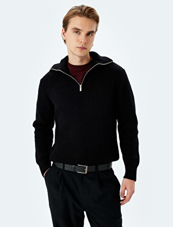 Uzun Kollu Basic Yarım Fermuarlı Triko Kazak