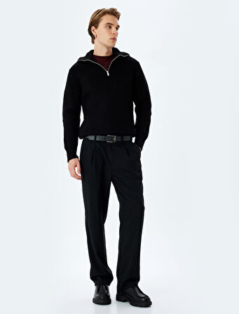 Uzun Kollu Basic Yarım Fermuarlı Triko Kazak