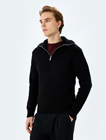 Uzun Kollu Basic Yarım Fermuarlı Triko Kazak