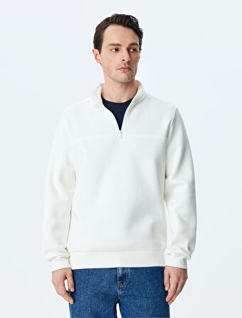Uzun Kollu Pamuk Karışımlı Basic Yarım Fermuarlı Sweatshirt