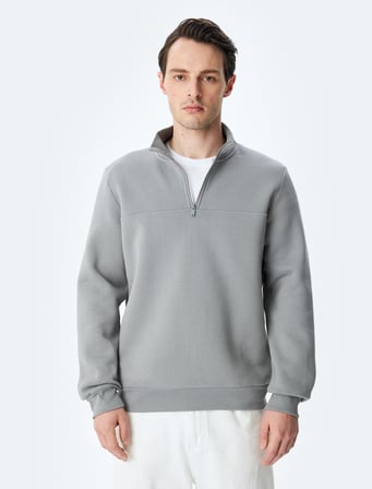 Uzun Kollu Pamuk Karışımlı Şardonlu Basic Yarım Fermuarlı Sweatshirt