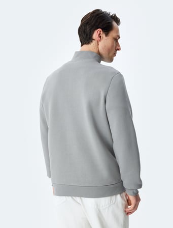 Uzun Kollu Pamuk Karışımlı Şardonlu Basic Yarım Fermuarlı Sweatshirt