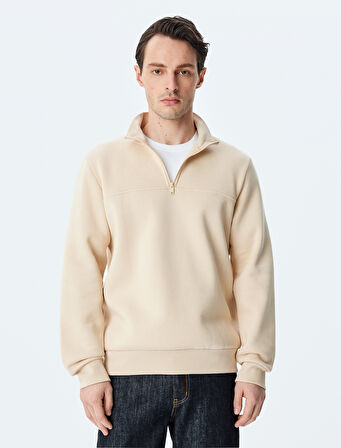 Uzun Kollu Pamuk Karışımlı Şardonlu Basic Yarım Fermuarlı Sweatshirt