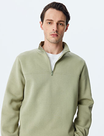 Uzun Kollu Pamuk Karışımlı Şardonlu Basic Yarım Fermuarlı Sweatshirt