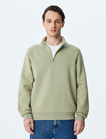 Uzun Kollu Pamuk Karışımlı Şardonlu Basic Yarım Fermuarlı Sweatshirt