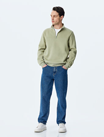 Uzun Kollu Pamuk Karışımlı Şardonlu Basic Yarım Fermuarlı Sweatshirt