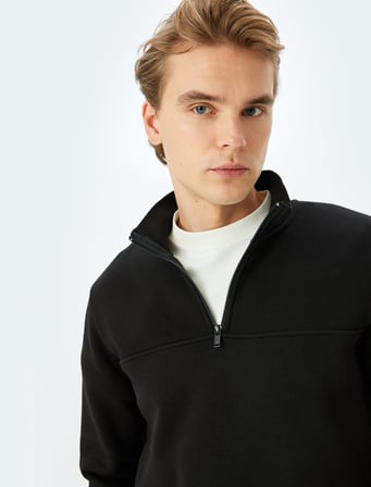 Uzun Kollu Pamuk Karışımlı Şardonlu Basic Yarım Fermuarlı Sweatshirt