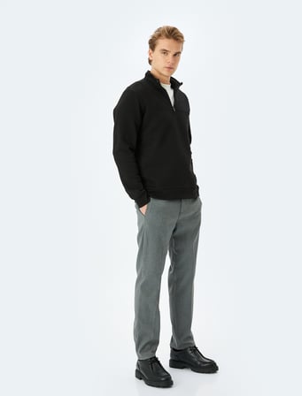 Uzun Kollu Pamuk Karışımlı Şardonlu Basic Yarım Fermuarlı Sweatshirt