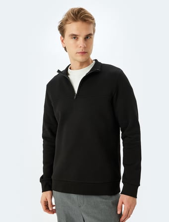 Uzun Kollu Pamuk Karışımlı Şardonlu Basic Yarım Fermuarlı Sweatshirt