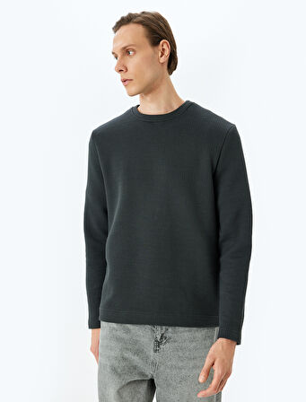 Uzun Kollu Pamuk Karışımlı Dokulu Basic Bisiklet Yaka Sweatshirt