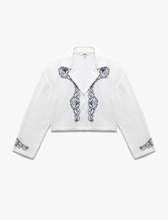 Pamuklu Nakışlı Uzun Kollu Ceket Yaka Crop Müslin Gömlek